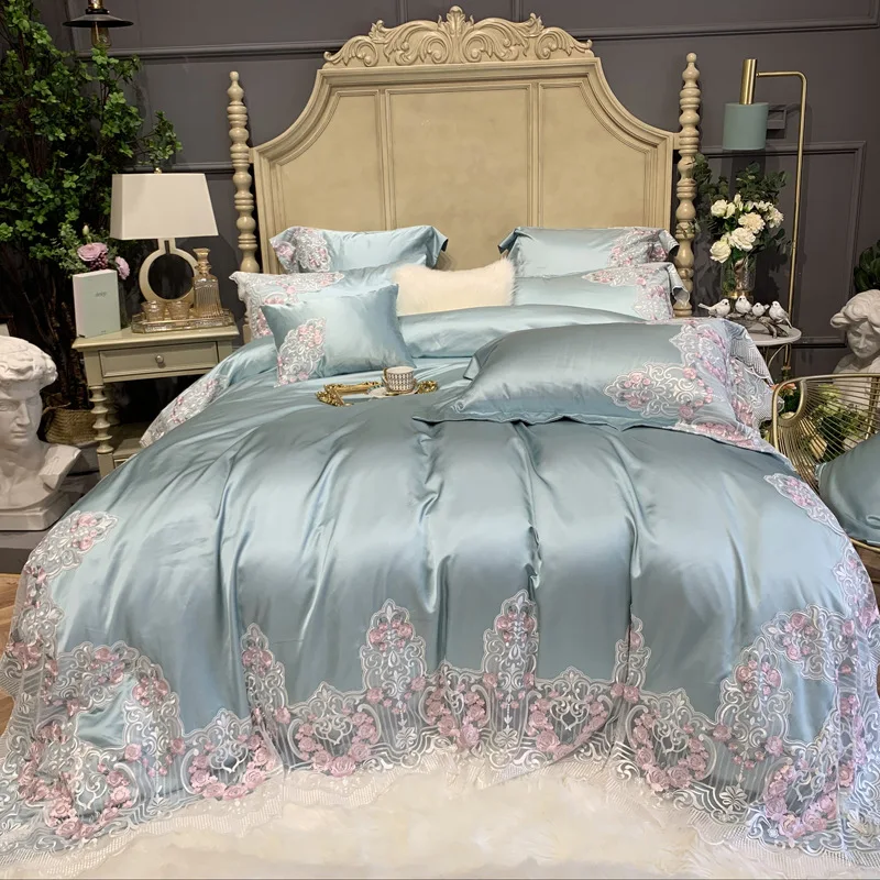 Luxury Hotel Wedding Bedding Set Bed Linen Duvet Cover Sets With Embroidery 600 Thread Long Staple Cotton Blue Princess 3/4 PCS