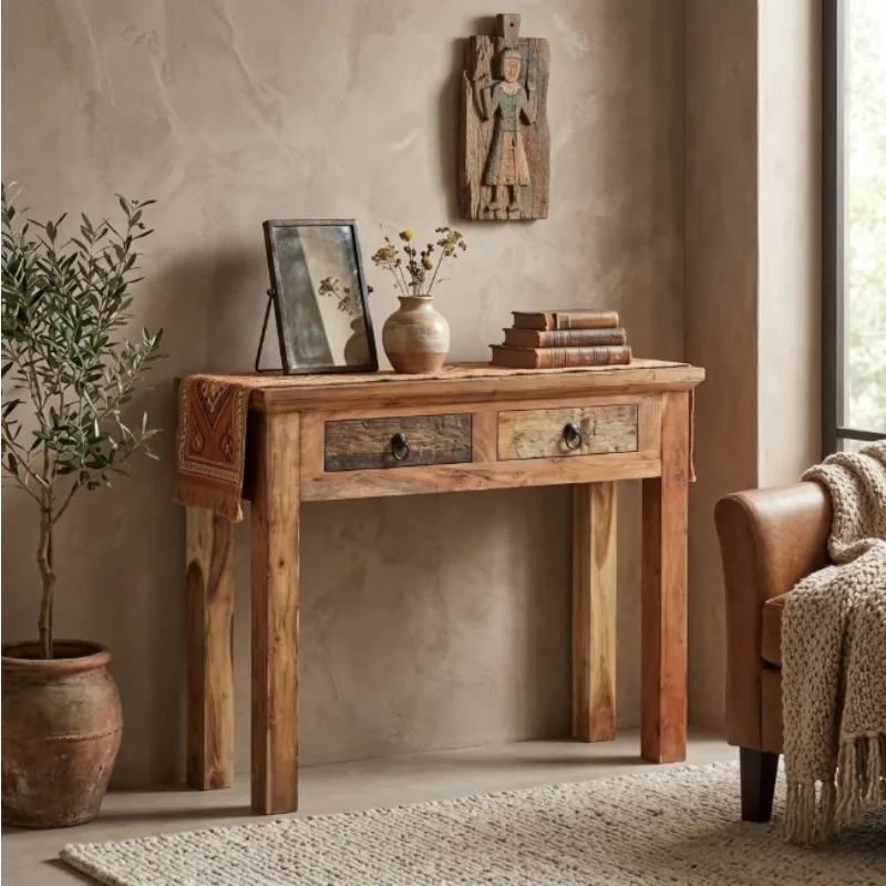Console de table 90,5x30x75 cm en bois d'acacia et bois de récupération massifs. Doté de deux tiroirs de rangement, style rustique authentique. Chaque meuble est unique, fixation murale fournie, assemblage nécessaire.