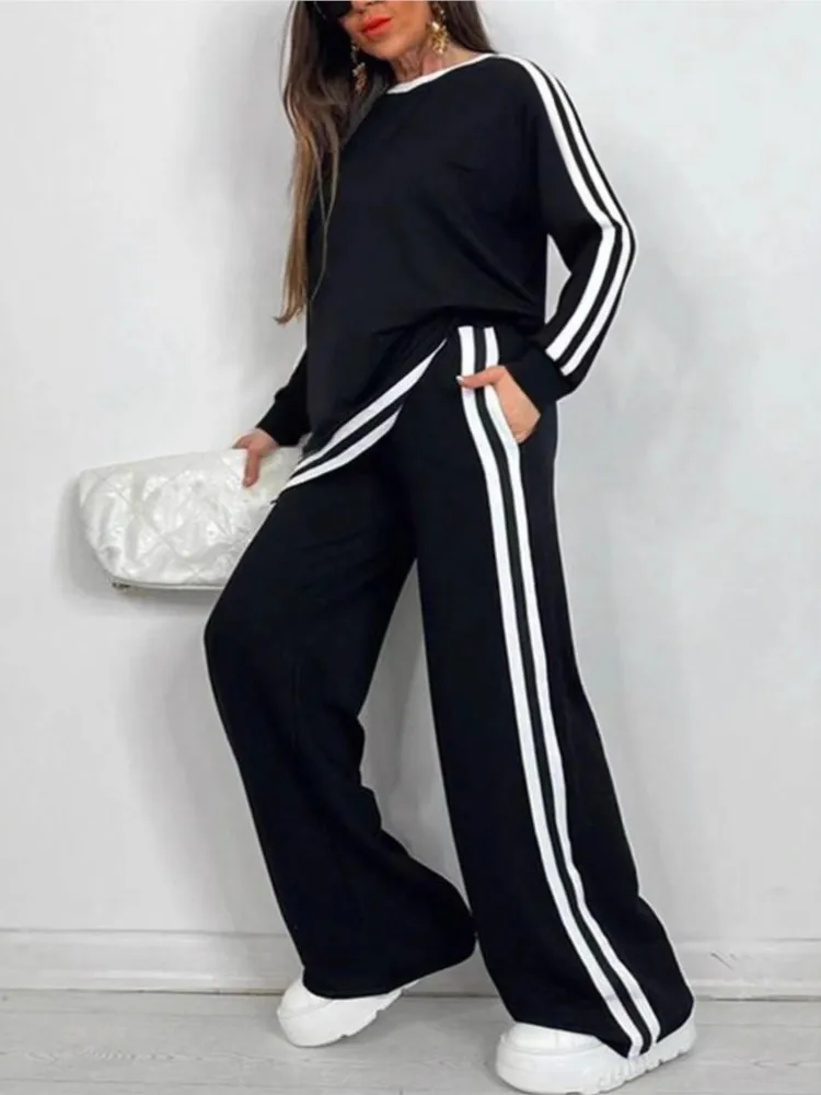 Casual Women's Stripe Sweat Suit Autumn Winter New Clothing Fashion O-neck Tops + Wide Leg Pant 2 Two Piece Set For Women