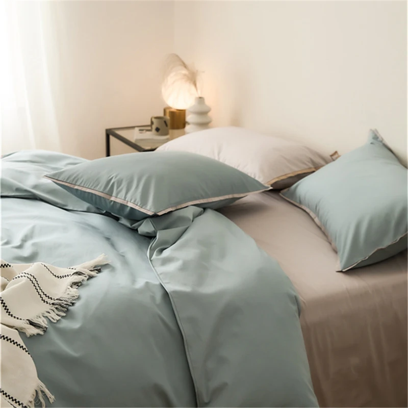 Imagem -02 - Roupa de Cama de Quatro Peças de Algodão Estilo Nórdico Simples Impressão Reativa Cama com Grampos Longos Azul Claro Cor Lisa Mais Recente 2024