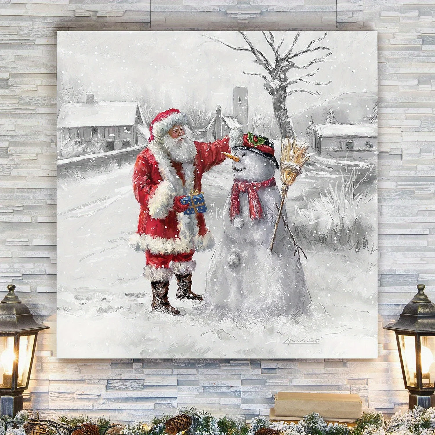 Gallery Christmas Canvas Painting Merry Father Christmas and Snowman Winter Snow Mural Dining Room Living Room Home Decoration