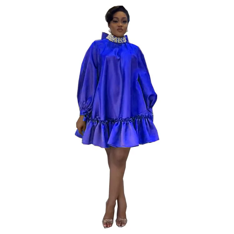 Vestido Casual Solto com Patchwork de Pérolas, Cor Pura, Saia em Camadas, Manga Bufante, Gola Redonda, Manga Longa