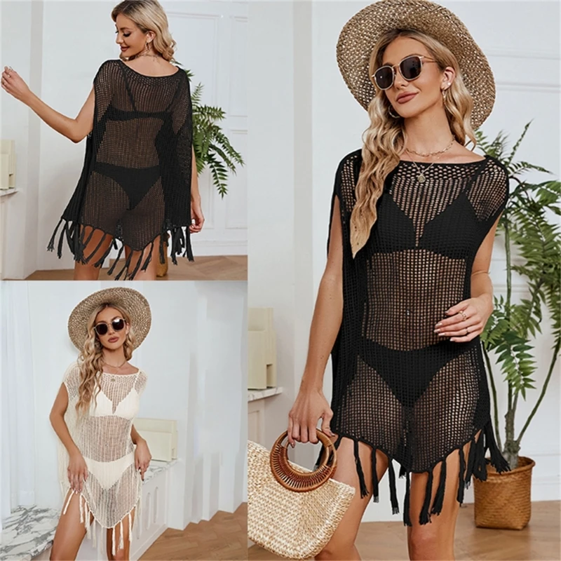 Cache maillot bain sans manches pour femmes, avec des franges, Cover-up pour les maillots bain, ajouré, châle, pour les vacances, pour les Bikinis, nouvelle collection