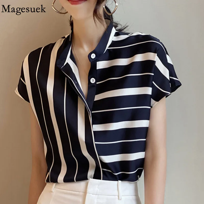 

Asymmetrical Striped Blouse Office Summer Women Fashion Loose Lady Elegant Short Sleeve Tops Female Loose Casual Shirts 21538