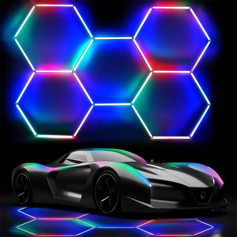rgb-hexagon-led-garage-lights-with-more-kinds-of-changes-multi-color-dimmable-adjustable-wall-lights-for-garage-bar-gaming-room