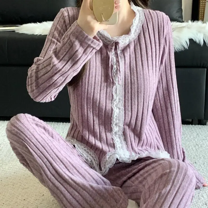 

2026 Women Autumn Winter New Fashion Loose Round Neck with Chest Mat Sleepwear Long Sleeve Pants Sweet Lace Cute Home Clothesset