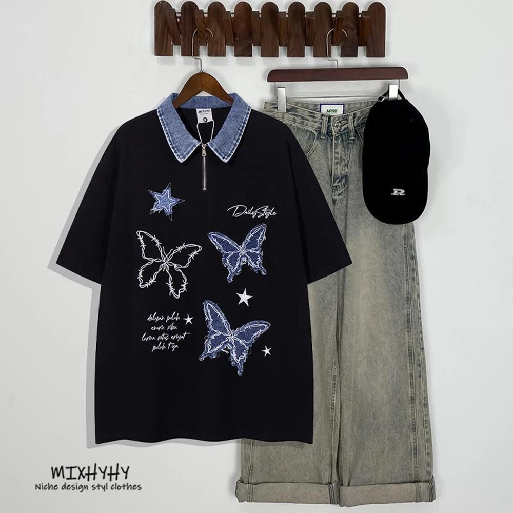 

Summer New Men's Y2k Butterfly Embroidered Short-Sleeved T-Shirt 100% Cotton American Retro Fashion Trend Street Niche Mens Tops