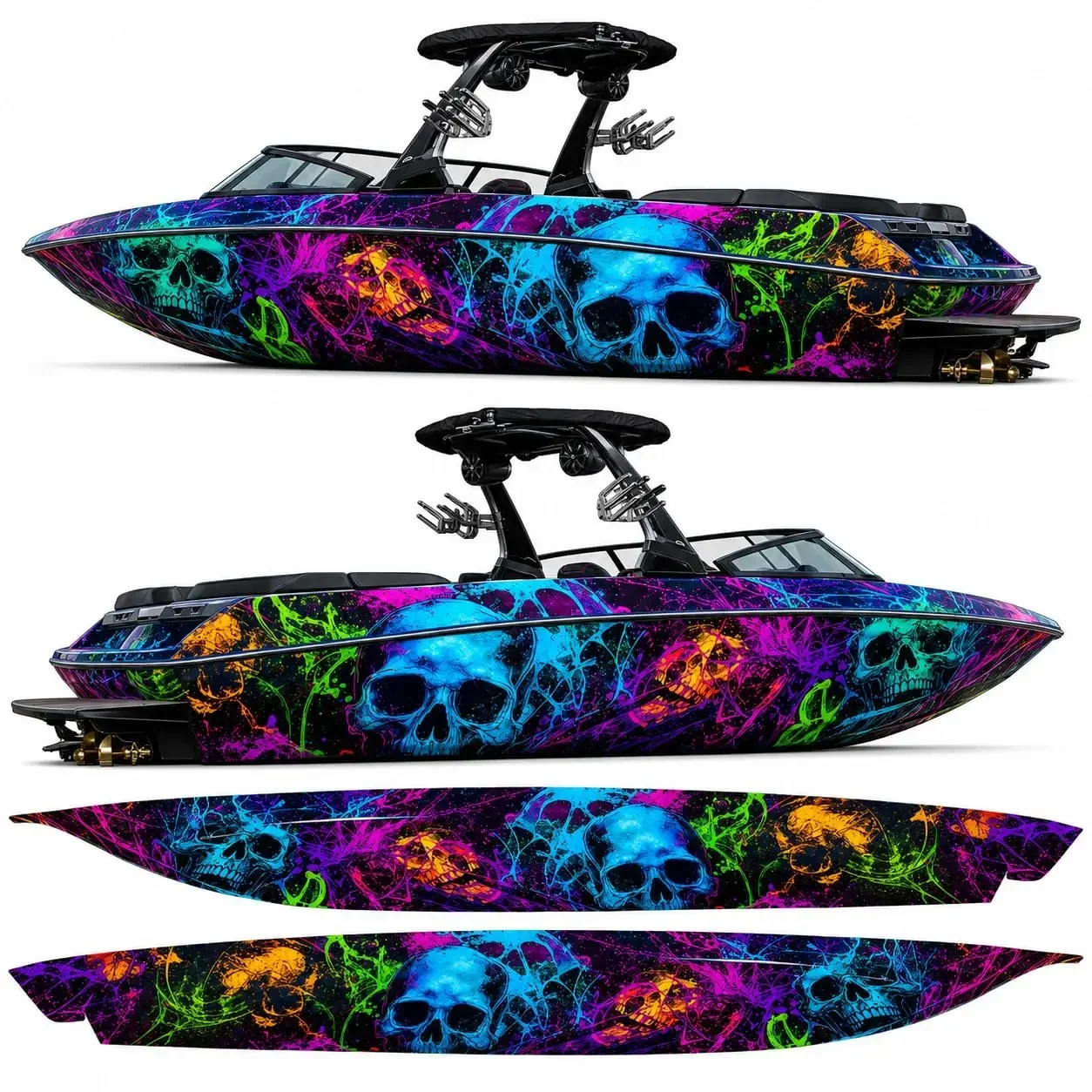 2Pcs Neon Skull Graffiti Boat Side Decals, Vivid Color Waterproof Sunproof Marine Hull Graphics