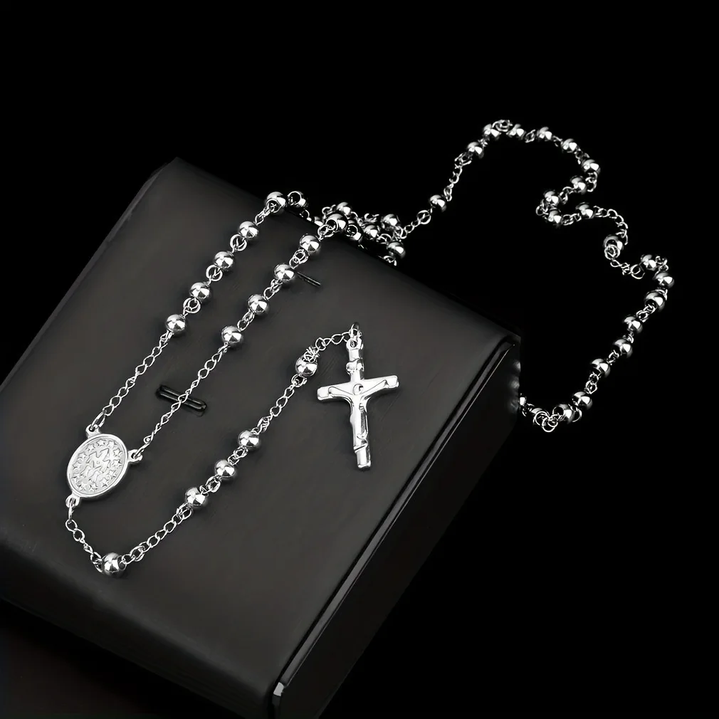 1Pc Silver Rosary Beads Necklace, Catholic Cross Pendant Prayer Chain with Oval Medal, Religious Faith Jewelry for Men Women