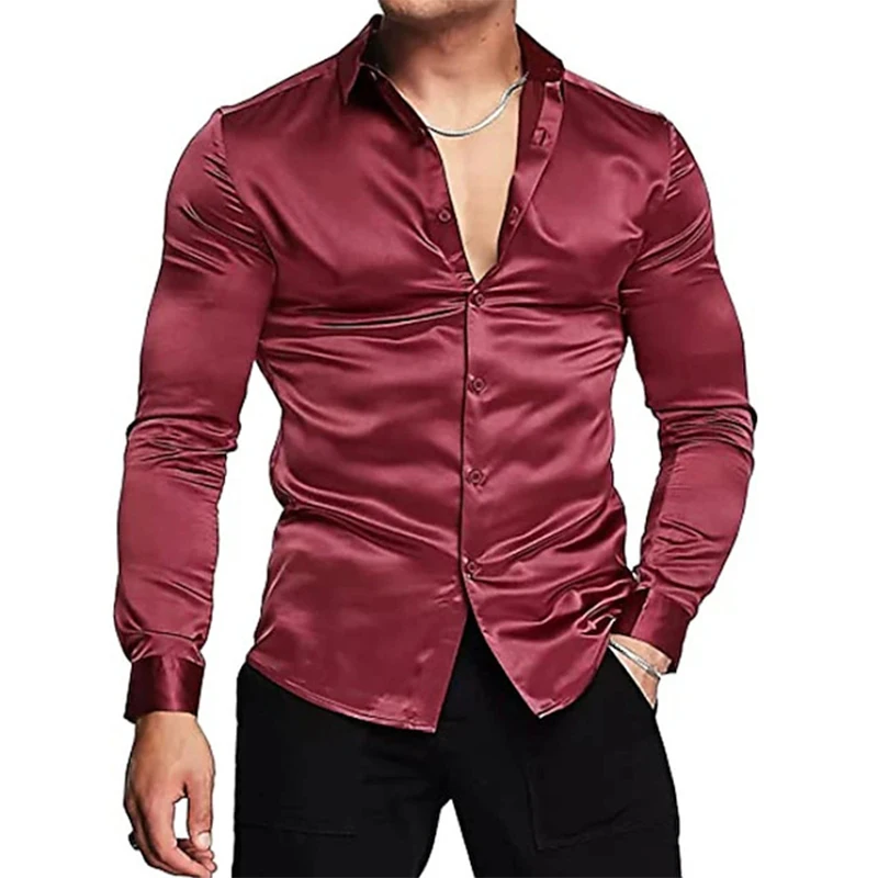 Camisas masculinas vintage de cetim manga longa, lapela de botão, camisa de seda macia masculina, cor sólida, top fino brilhante, casual, nova, primavera