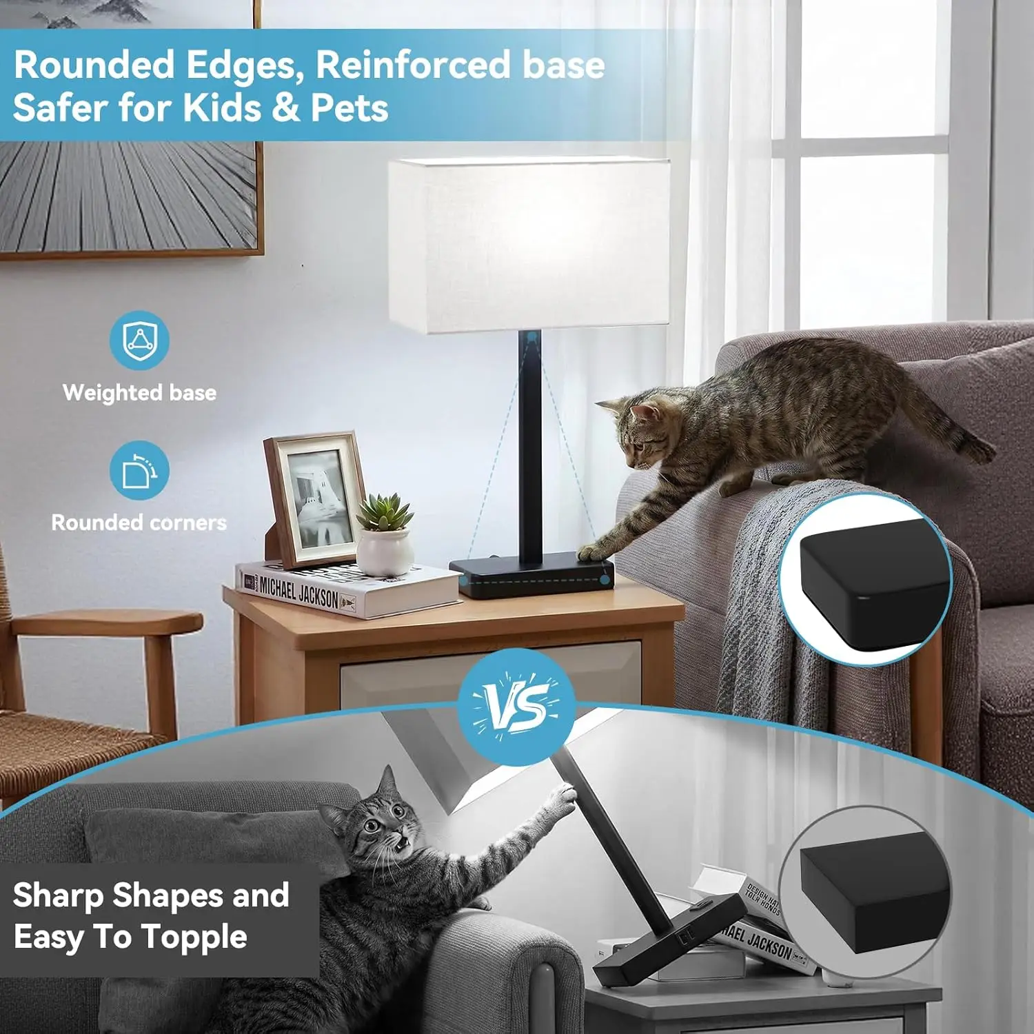 Touch Lamps for Bedroom - 3-Way Dimmable Bedside Lamps Set of 2 with USB C+A, Grey Modern Table Lamp for Night Stands - view 5