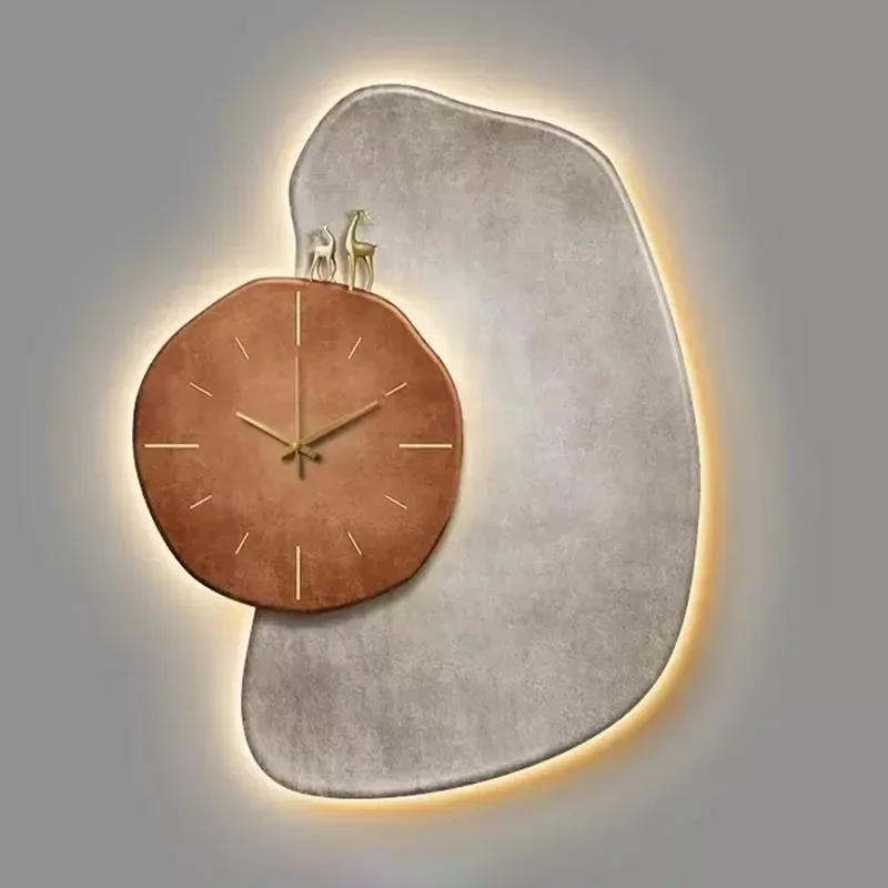 Simple Modern Large LED Light Wall Clock Painting Stone Modelling Living Room Hanging Wall Clocks Bedrooms Art Murals Decor