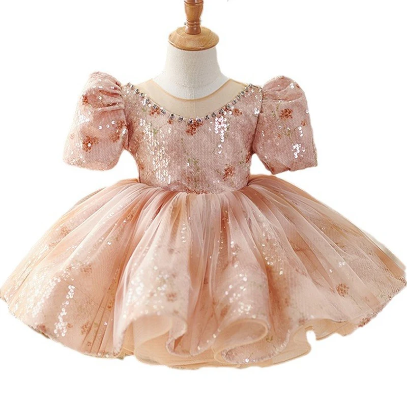 Pinkish Cute Bling Sequined Tulle Knee-length Princess Ball Gown Flower Girl Birthday Carnival Pageant Performence Party Dress