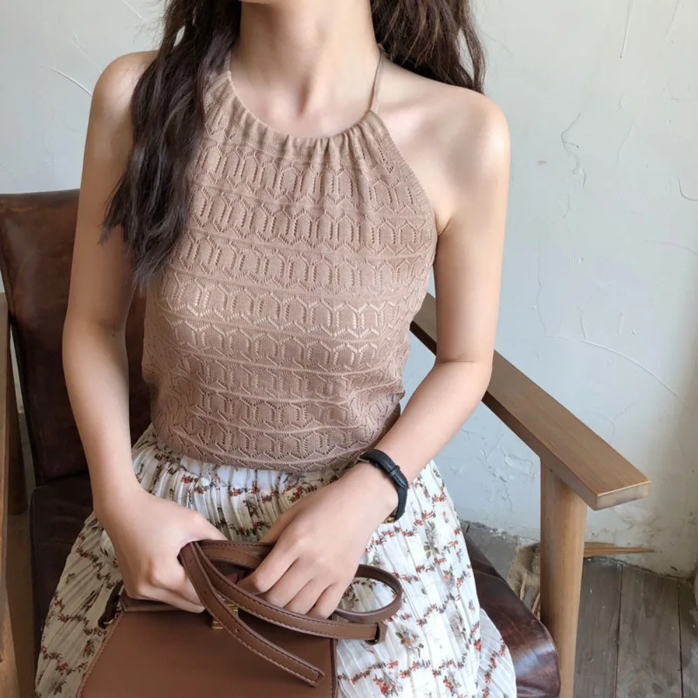 Fashion Summer Hanging Neck Knitted Hollow Out Sling Sweet Spice Girls Neck Vest Casual Sexy Sleeveless Tank Top Beach Vacation