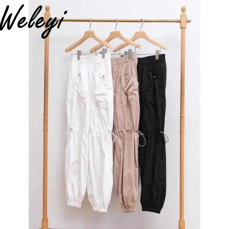 

Japanese Style Casual White Sweatpants Femme 2024 Summer New Women's Thin Multi-pocket High Waisted Elastic Waist Thin Leggings