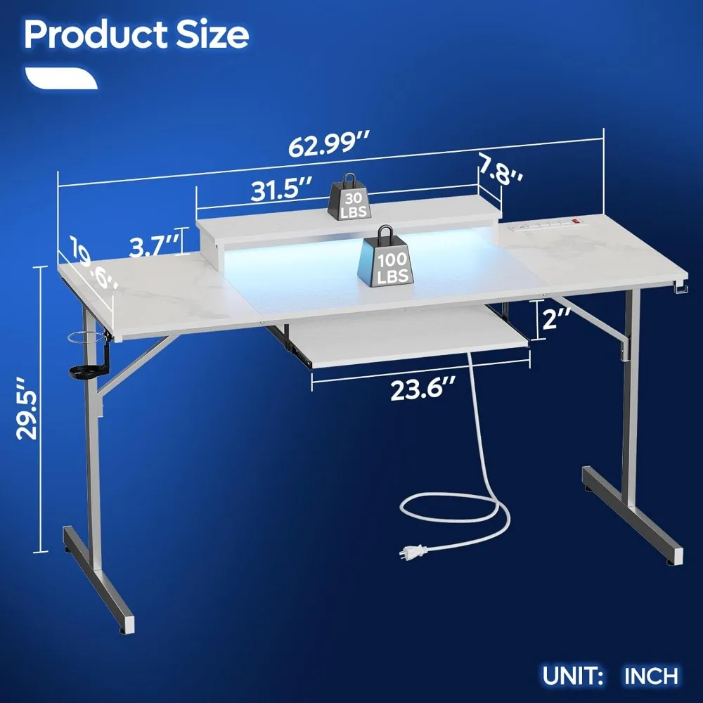 63 Inch Gaming Desk with LED Lights & Power Outlets Computer Desk with Laptop Stand & Keyboard Tray Modern PC Desk