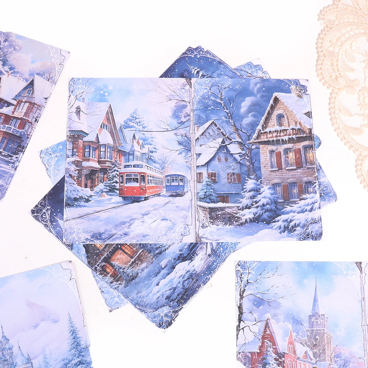 ロマンチックな雪のクリスマスをテーマにした紙、1パック8枚入り、家や雪の景色が描かれ、DIYスクラップブックの装飾に最適です。