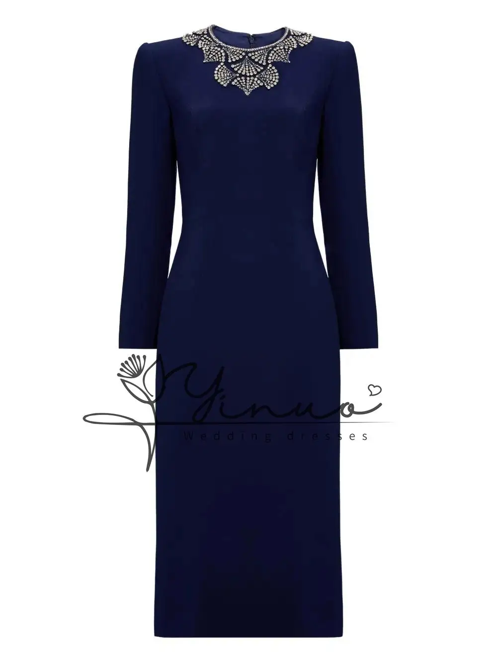 Gaun Prom Lengan Panjang Leher-o Lurus Krep Kustom Gaun Malam Kristal Gaun Midi