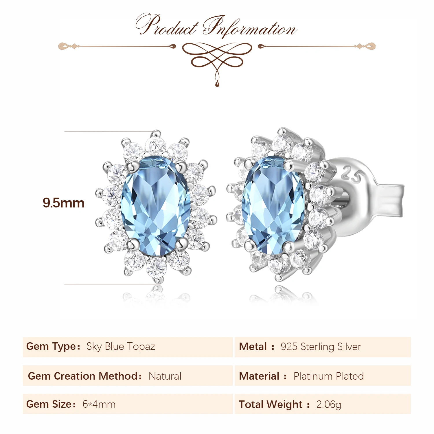 Potiy Oval Total 1.5ct Pear Natural Sky Blue Topaz Diana Stud Earrings 925 Sterling Silver Women Wedding Party Jewelry