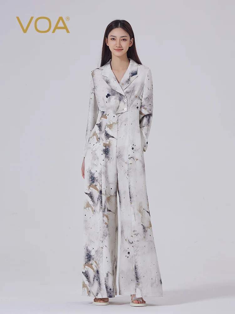 

VOA40 mmi heavy silk suit collar front open two buckle sand gold ink side pocket mulberry silk jumpsuit