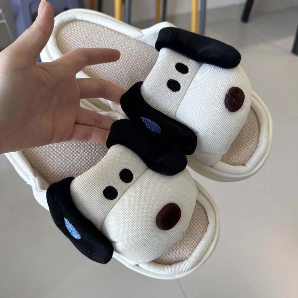 SHAJI Cute Cartoon Dog Linen Slides Summer Couple Platform Non Slip Cozy Wide Top Indoor Outdoor Casual Sandals