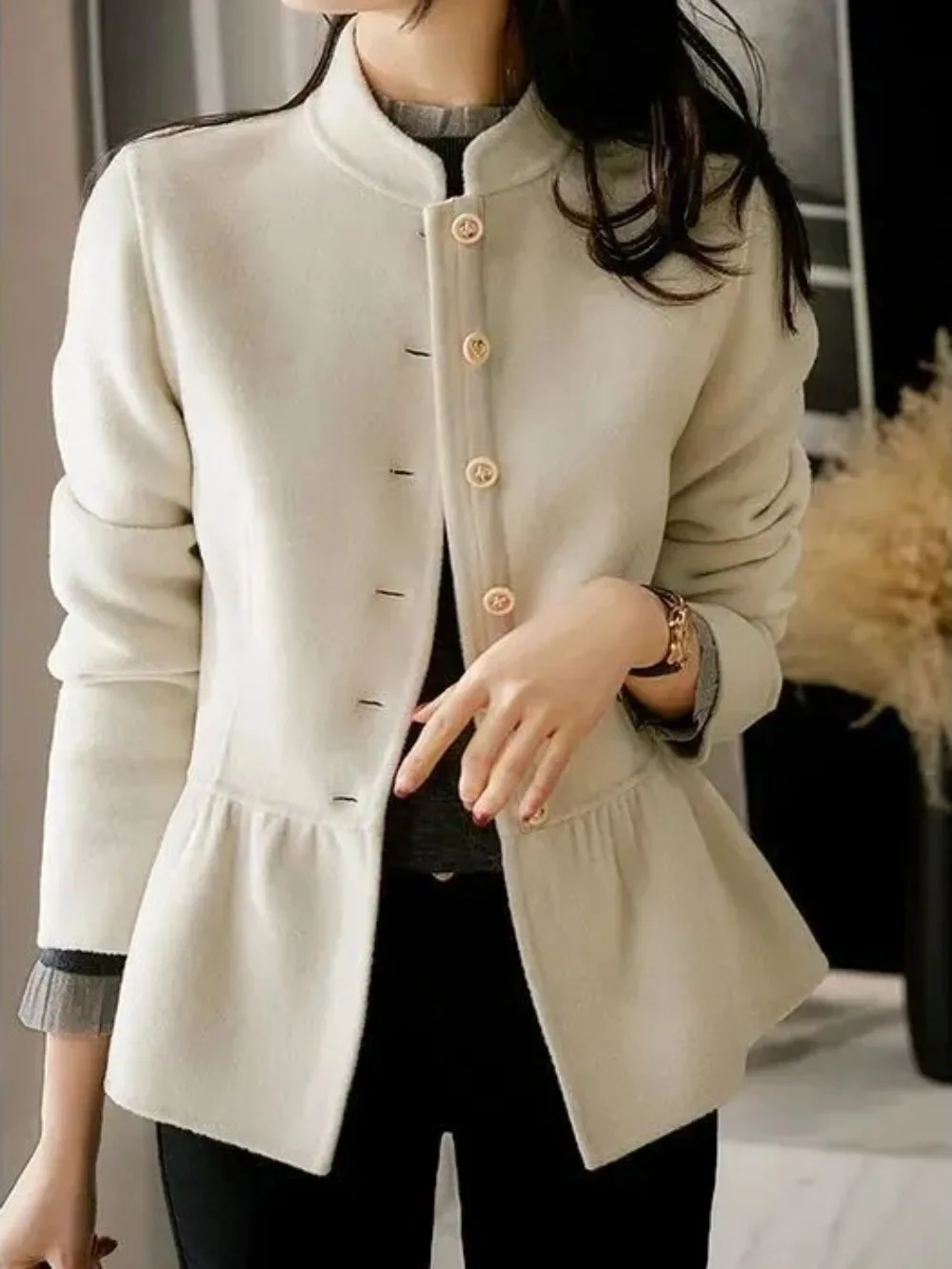 Stand Collar Mixtures Jacket Woman White Wool Blend Coat for Women Ruffles Hot Casual on Sale Outerwears Autumn Single Cheap