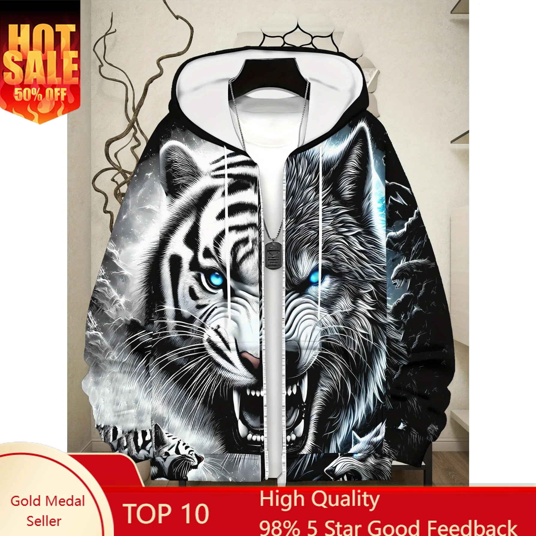 Gorra deportiva de manga larga con cremallera para hombre, sudadera con capucha con estampado de tigre para actividades al aire libre, tela de poliéster duradera, color blanco y negro