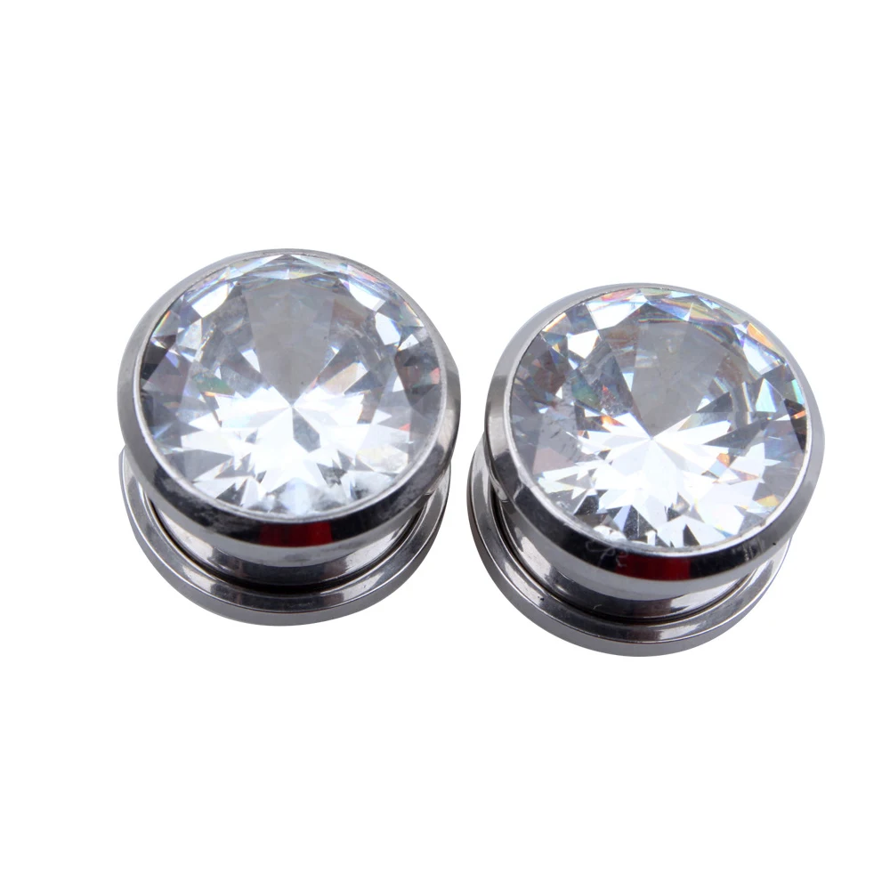 Alisouy 1 Pair Black Color Crystal Zircon Ear Plug Stainless Steel Screw Ear Expanders Punk Style Gauges 4mm To 16mm for Female