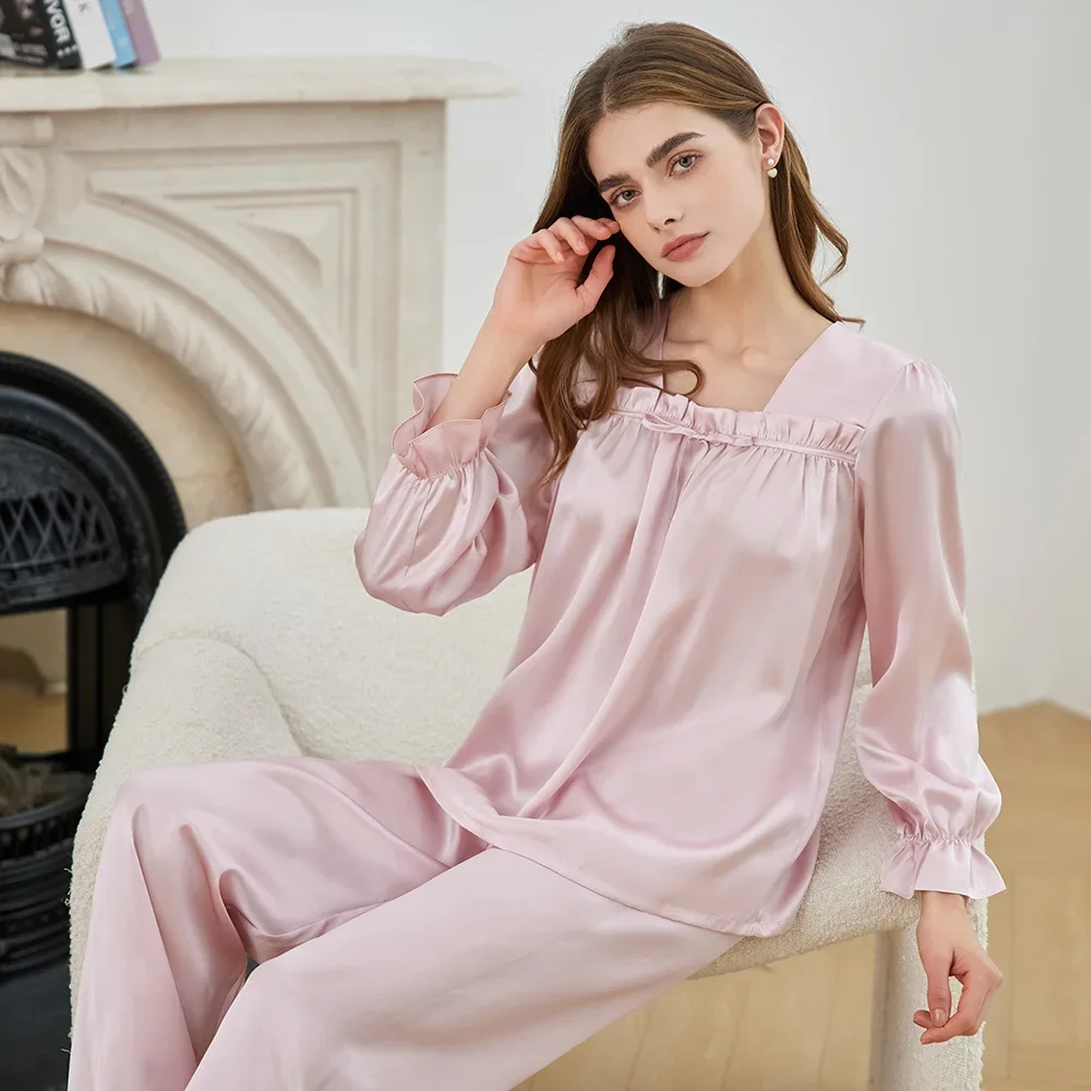 19 Momme 100% Mulberry Silk Women's Long Sleeve Shirt & Pants 2 Piece Pajama Loose Loungewear Sleepwear Button-Down Pajamas Set
