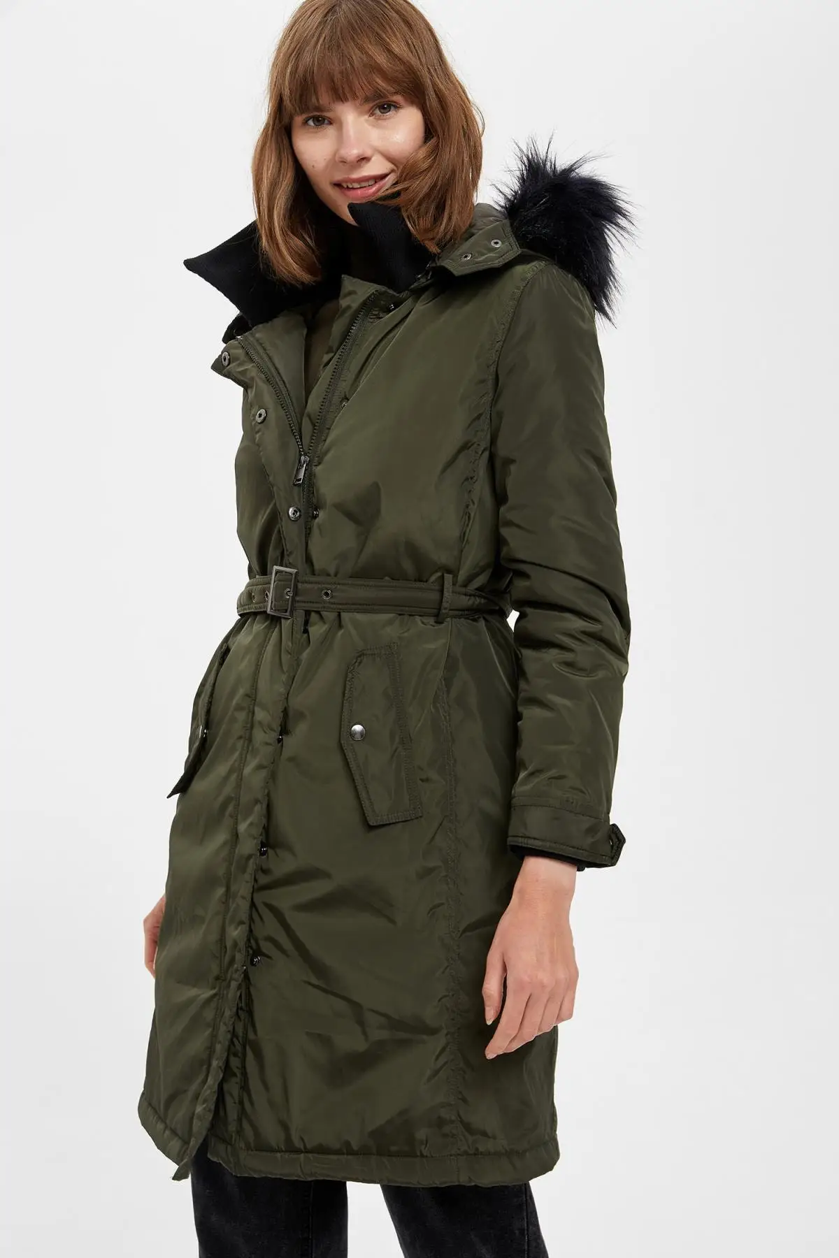 Women's Faux Fur Collar Belted Green Parka Coat Casual Stylish Fashion Women's Clothing Outdoor Winter Wear Female Green Parkas