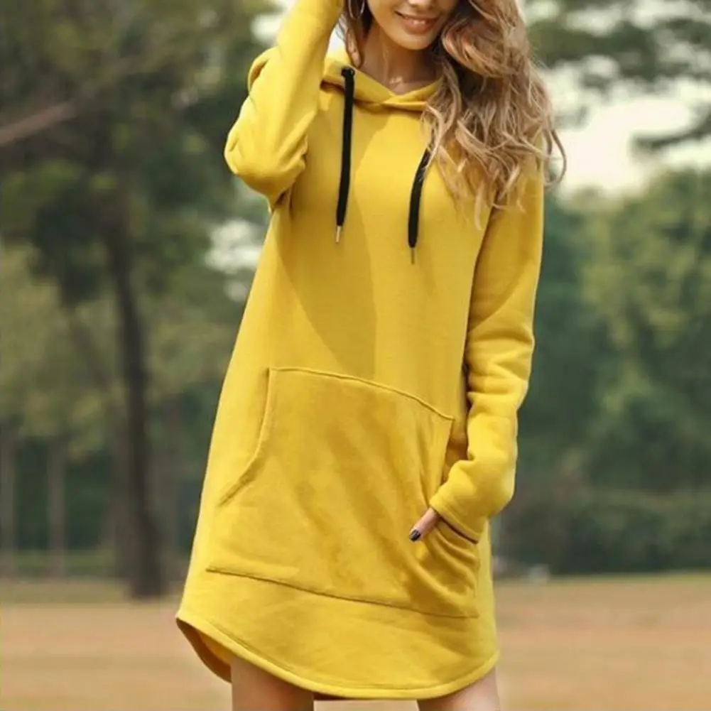 Winter Solid Color Dress Cozy Plus Size Hooded Mini Dress with Drawstring Patch Pockets for Fall Winter Loose Fit Solid Color