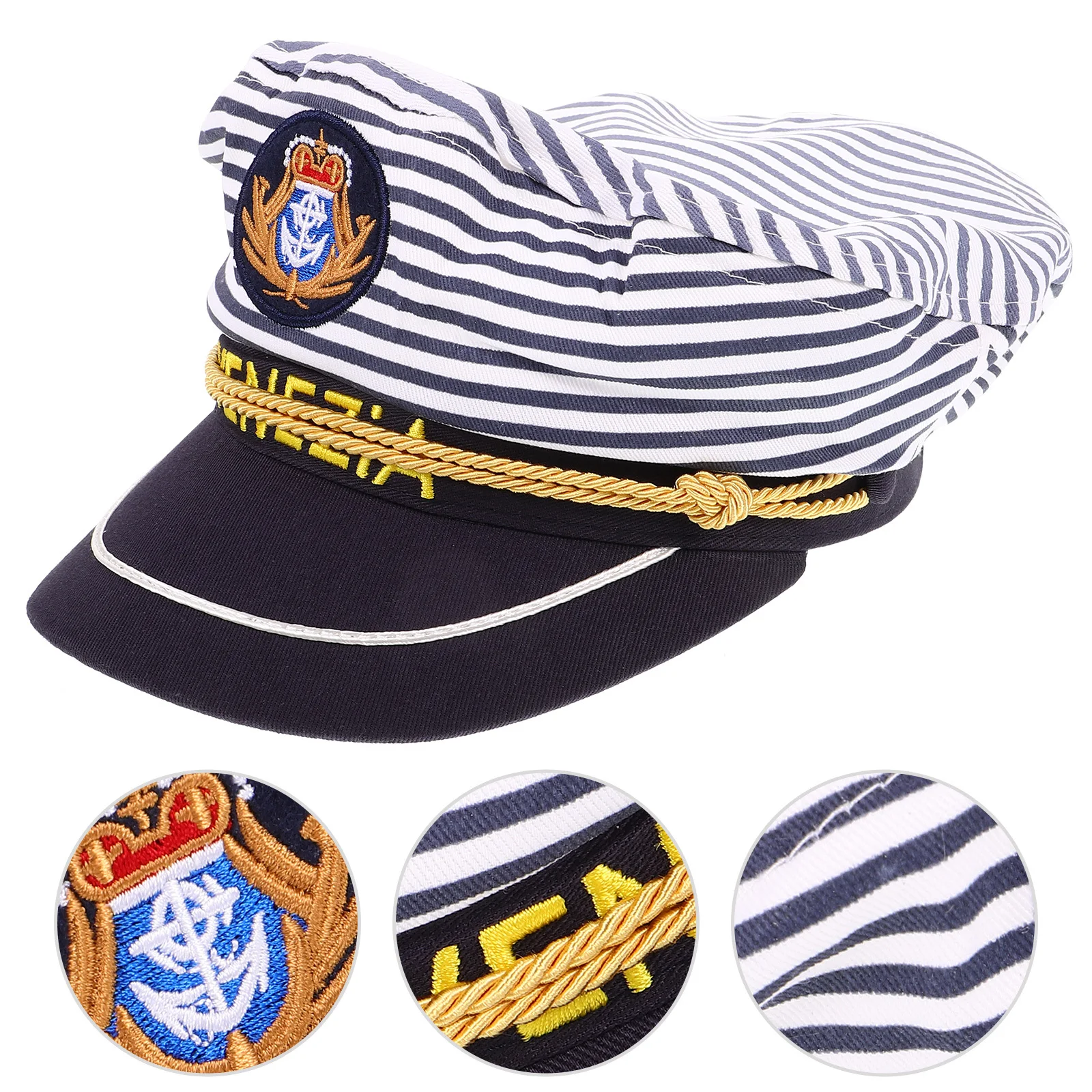 

1Pcs Sea Captain Hat Blue Stripe Durable Adjustable Navy Cosplay Adult Ship Hat 58cm Lightweight Embroidered Design
