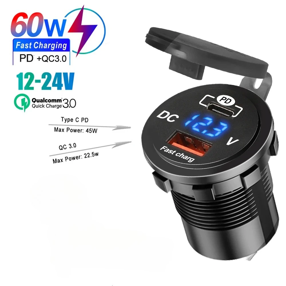 60W PD QC3.0 Car Charger Socket with Meter Voltage Quick Charge 3.0 Socket Power Outlet for 12V/24V Motorcycle Truck Boat