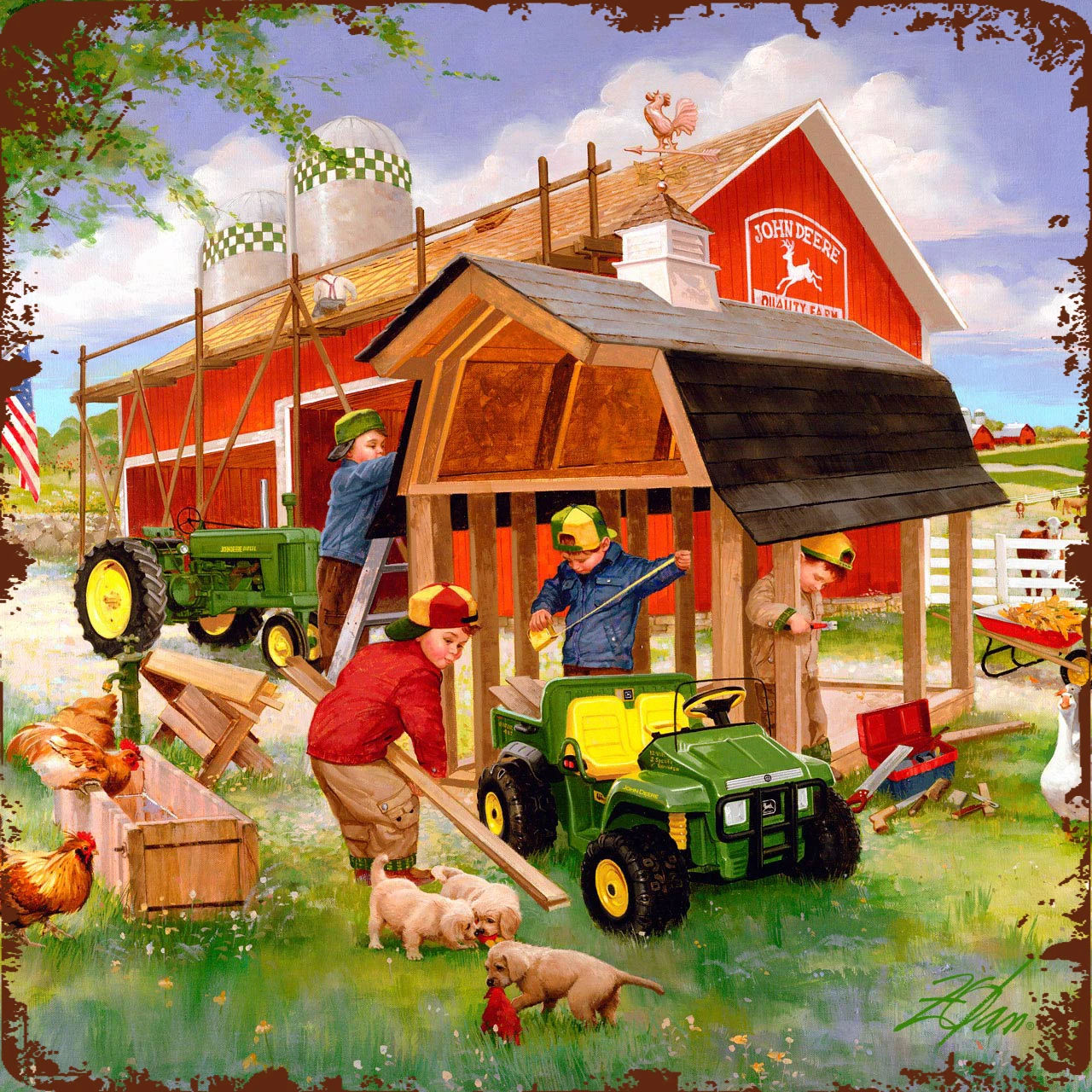 Retro Farmall Tractor Sign,With Fun Depiction of Children Playing in The Countryside with Chickens Dog,Farm Farmhouse Home Decor