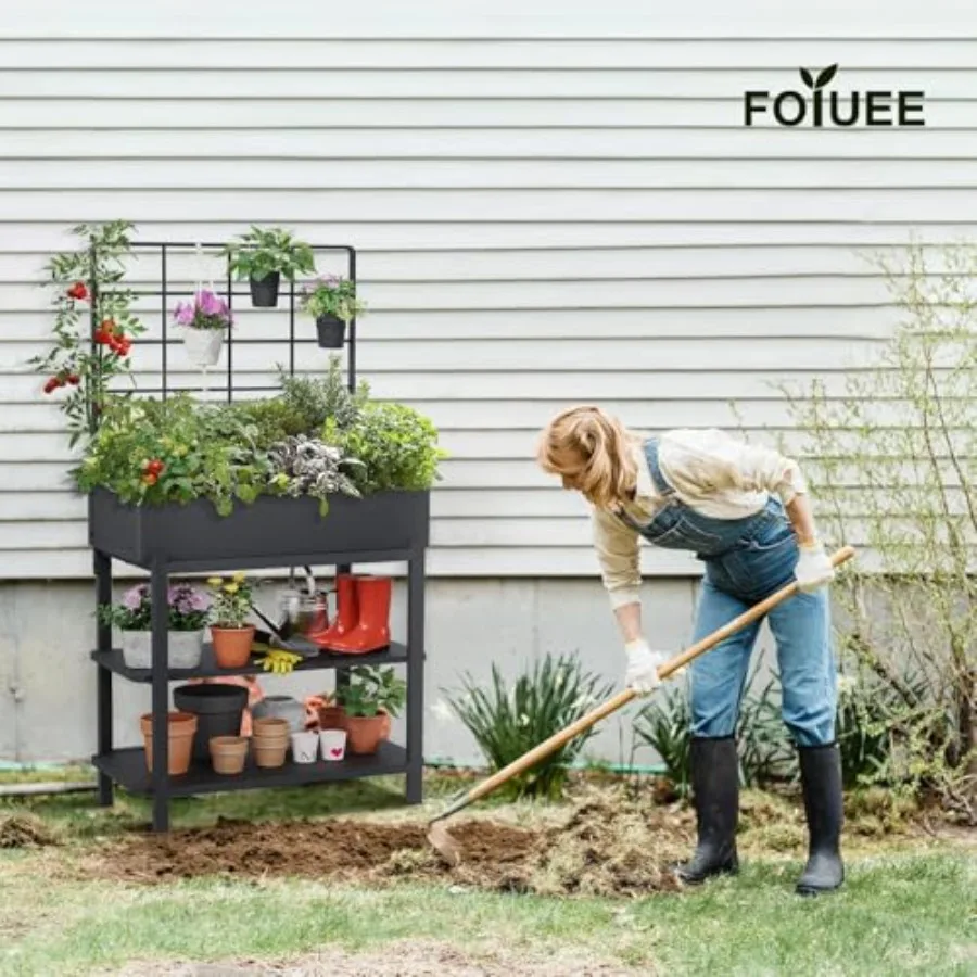Metal Raised Garden Bed with Trellis and 2-Tier Storage Shelf, Elevated Planter Box with Legs -Includes 3 Flower Pots, Outdoor