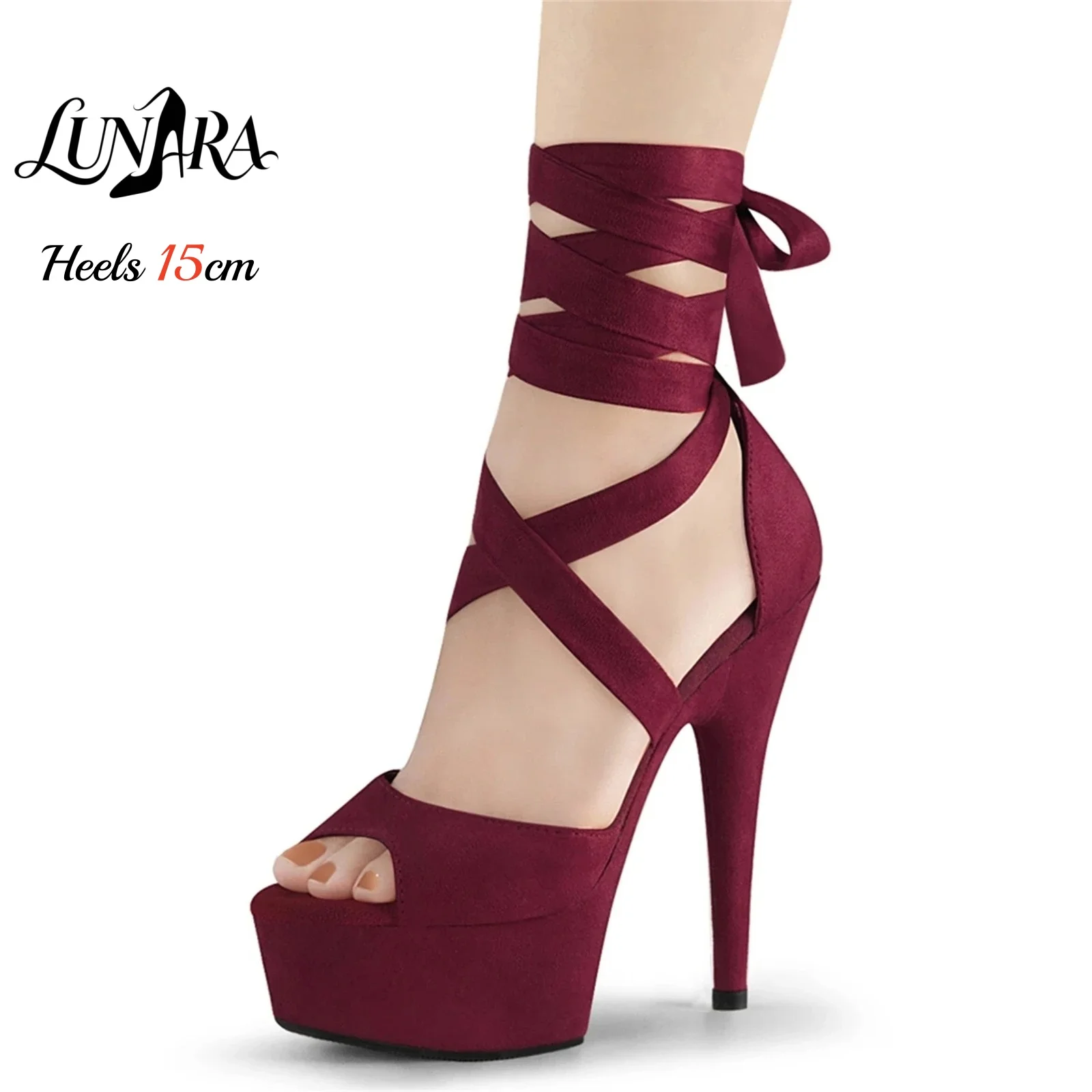 15cm/6in Burgundy Faux Suede High Heel Sandals Wrap Around Ankle Laces Open Toe Non-slip Sexy Stage Performance Nightclub