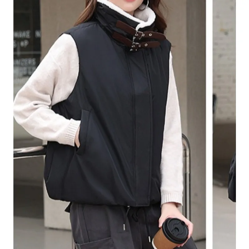 2025 Winter New Vest Lamb Wool Collar Cotton Vest Short Sleeveless Cotton Clothes Women's Bread Clothes Thermal Vest