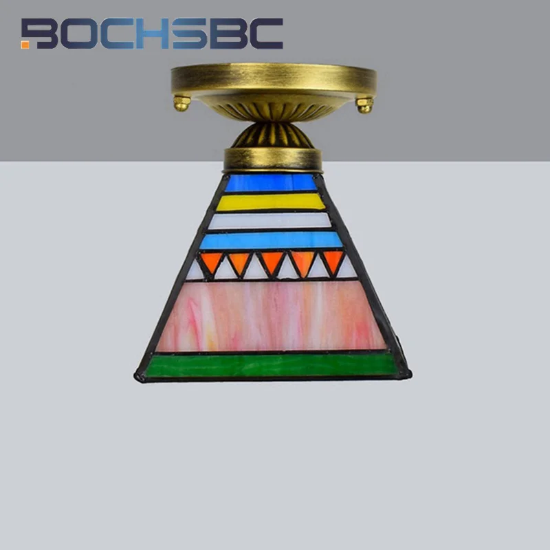 BOCHSBC Tiffany style stained glass 6 inch pyramid chandelier ceiling light for bedroom hallway hallway balcony LED decor