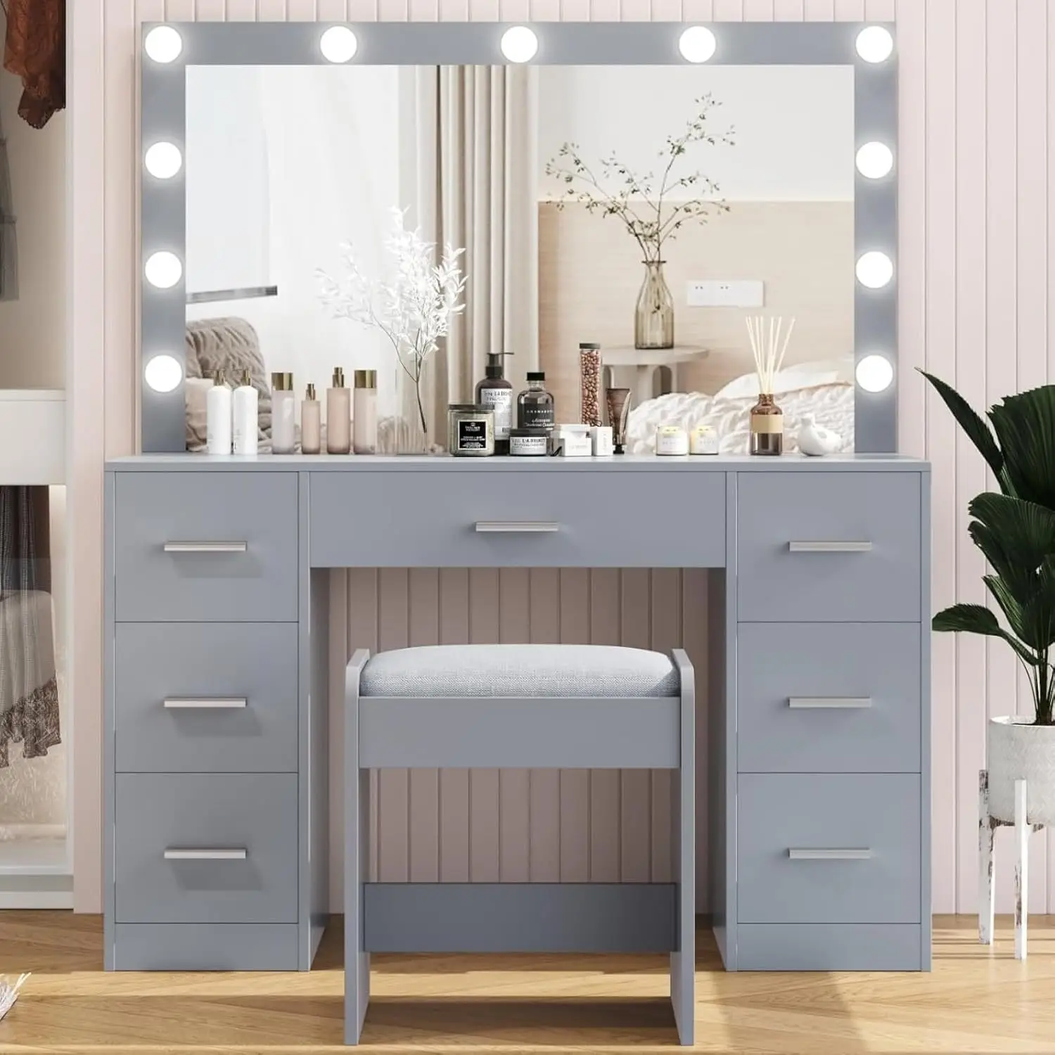 Modern Gray Vanity Makeup Desk with Lighted Mirror 3 Color Lighting Modes Wood Dressing Table  7 Drawers and Stool Set