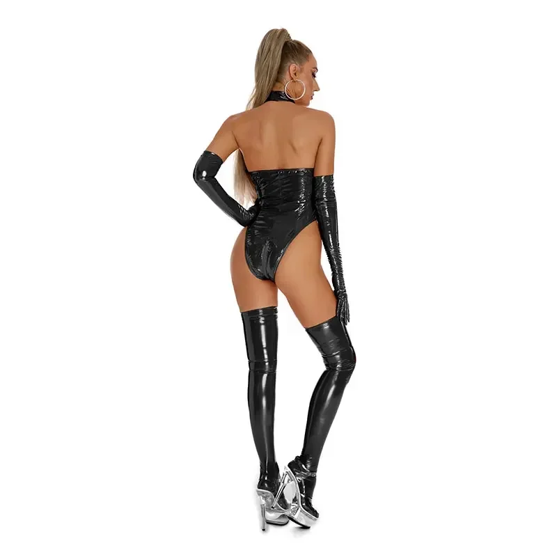 مثير سيدة الأسود بولي Leather الجلود اللاتكس Catsuits مطاطا Wetlook بولي الملابس الداخلية الملابس الداخلية ارتداءها خادمة عالية قطع ارتداءها كلوبوير المثيرة زي