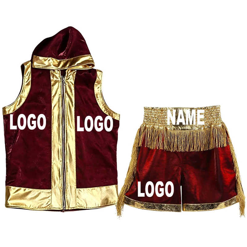 Custom Boxing Robe Shorts Set Personalized Hooded Sleeveless Boxing Entrance Robe Fringe Fight Match Training Competition Shorts