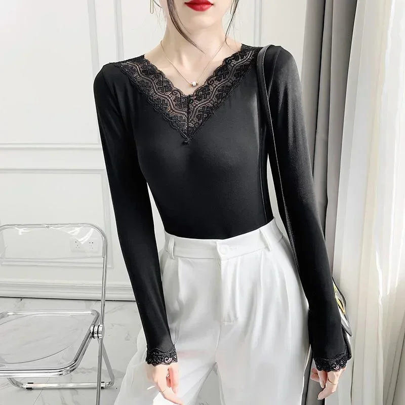 Casual Solid Lace Trim T Shirt Basic Slim V-Neck Long Sleeve Tees Women 2024 Autumn Spring Fashion Streetwear Ladies