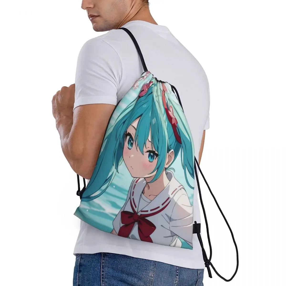 Miku Drawstring Back Pack Bag Travel Storage Package Teenagers Beach Tote Bag School Sport Shoe Bag Portable