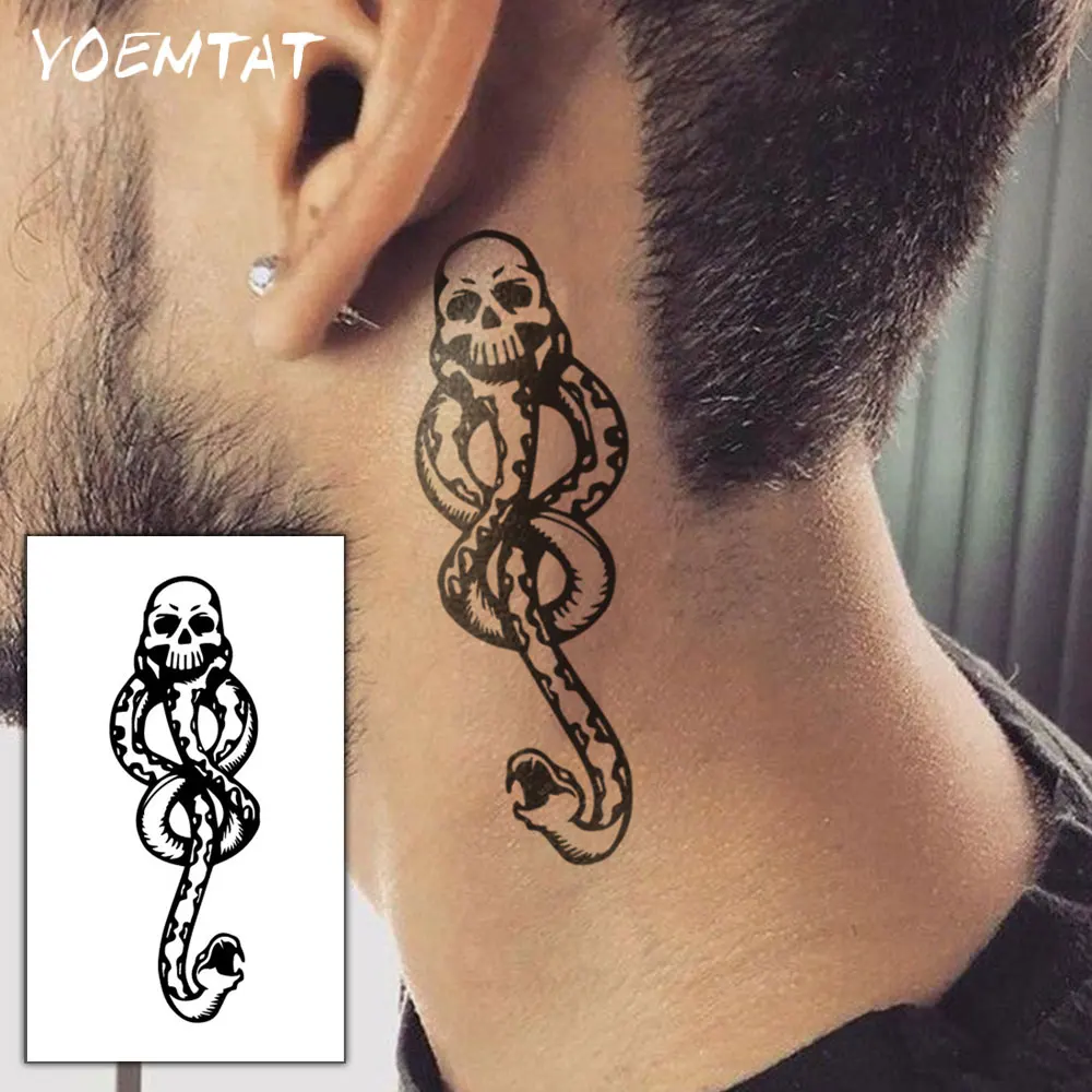 5pcs Death Eaters Dark Mark Waterproof Temporary Tattoo Sticker Skull Snake Head Body Art Arm Fake Tattoo Sleeve Women Men Neck