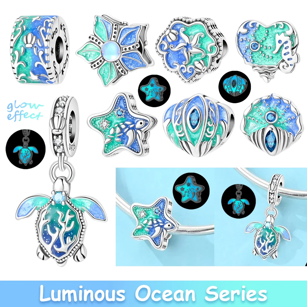 

925 Sterling Silver Luminous Mysterious Ocean Charms Beads Fit 3mm Original Bracelets DIY Women Fine Jewelry Party Gifts