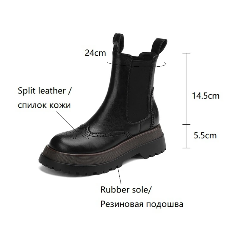 Autumn Women Shoes Round Toe Platform Boots for Women Split Leather Brogues Winter Thick Heel Ankle Boots Black Motorcycle Boots