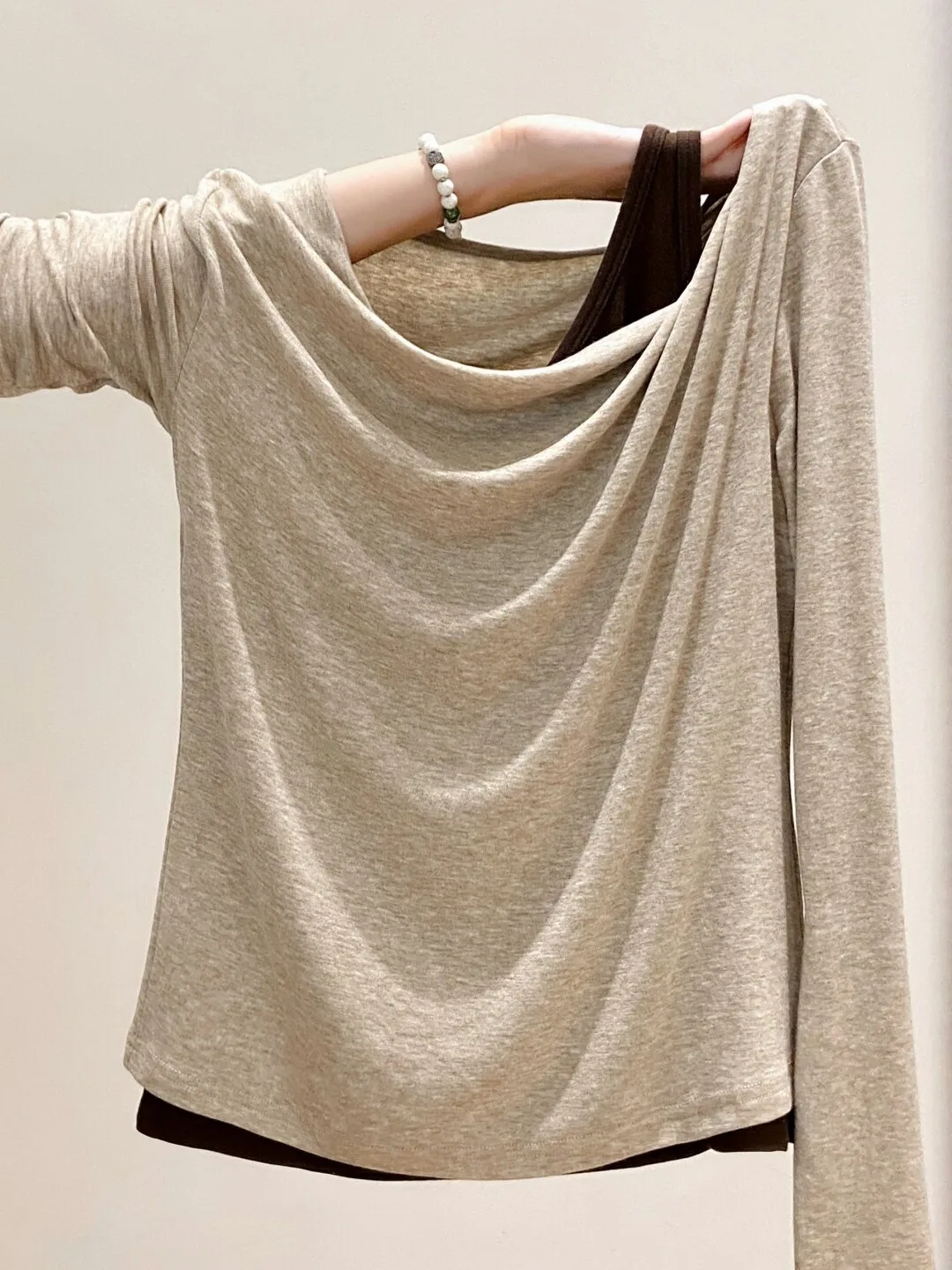 Women's Pure Desire Style Long Sleeve T-Shirt Slim Fit High Waist Short Top Fake Two-Piece Commute Cotton Polyester Blend