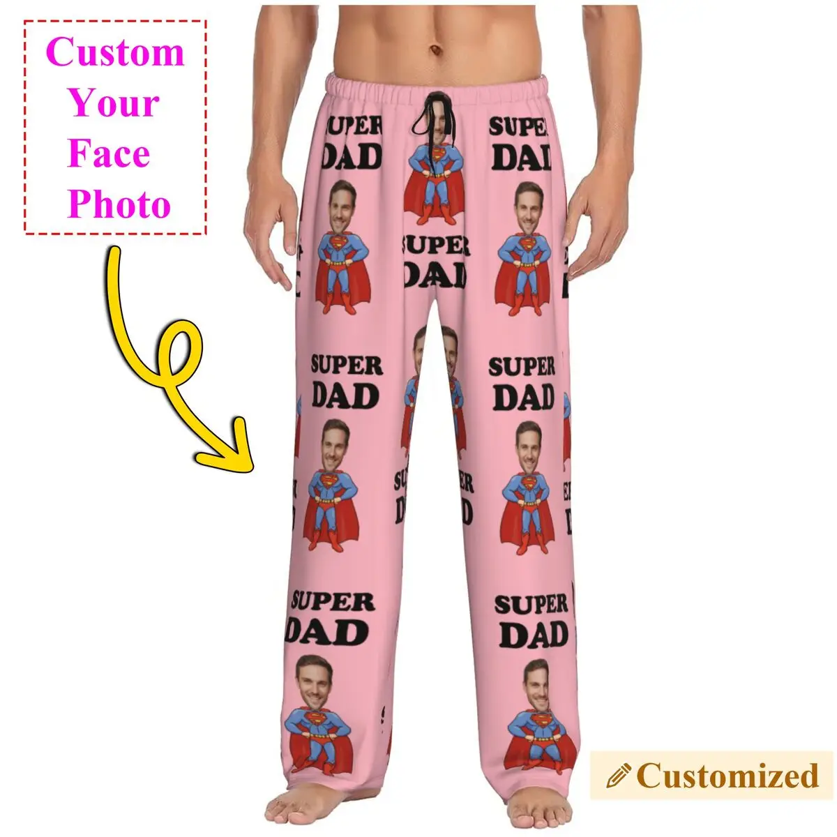 

Men Super Dad Personalized Custom Pajama Pants Custom Print Face Photo Diy Print Sleep Sleepwear Bottoms with Pockets