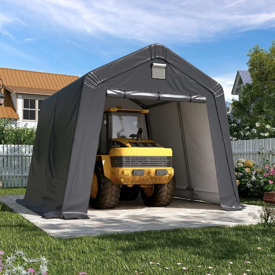 Outdoor portable storage shed for generator, vehicle, motorcycle use; heavy-duty polyethylene material; gray color; roll-up zip
