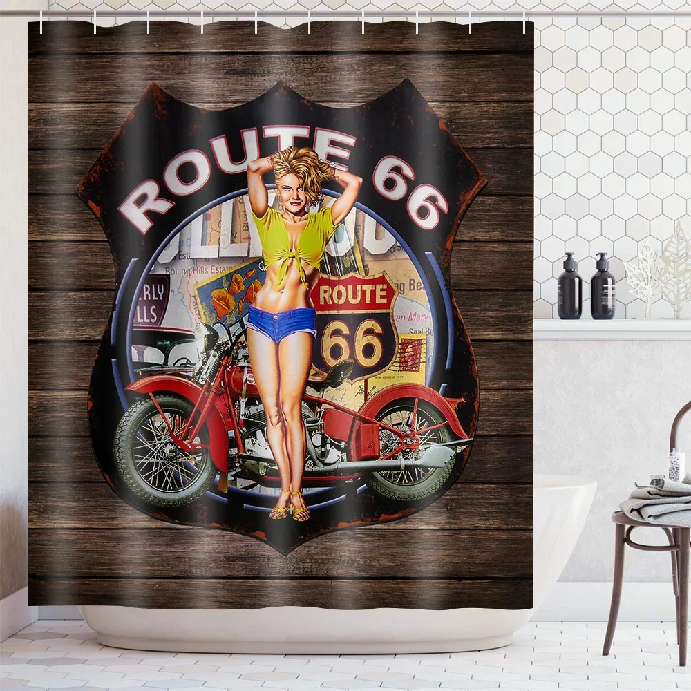 American 66 Route Shower Curtain Bathroom Waterproof  Curtains Sexy girl  in the bathroom Bath Screens with Hooks